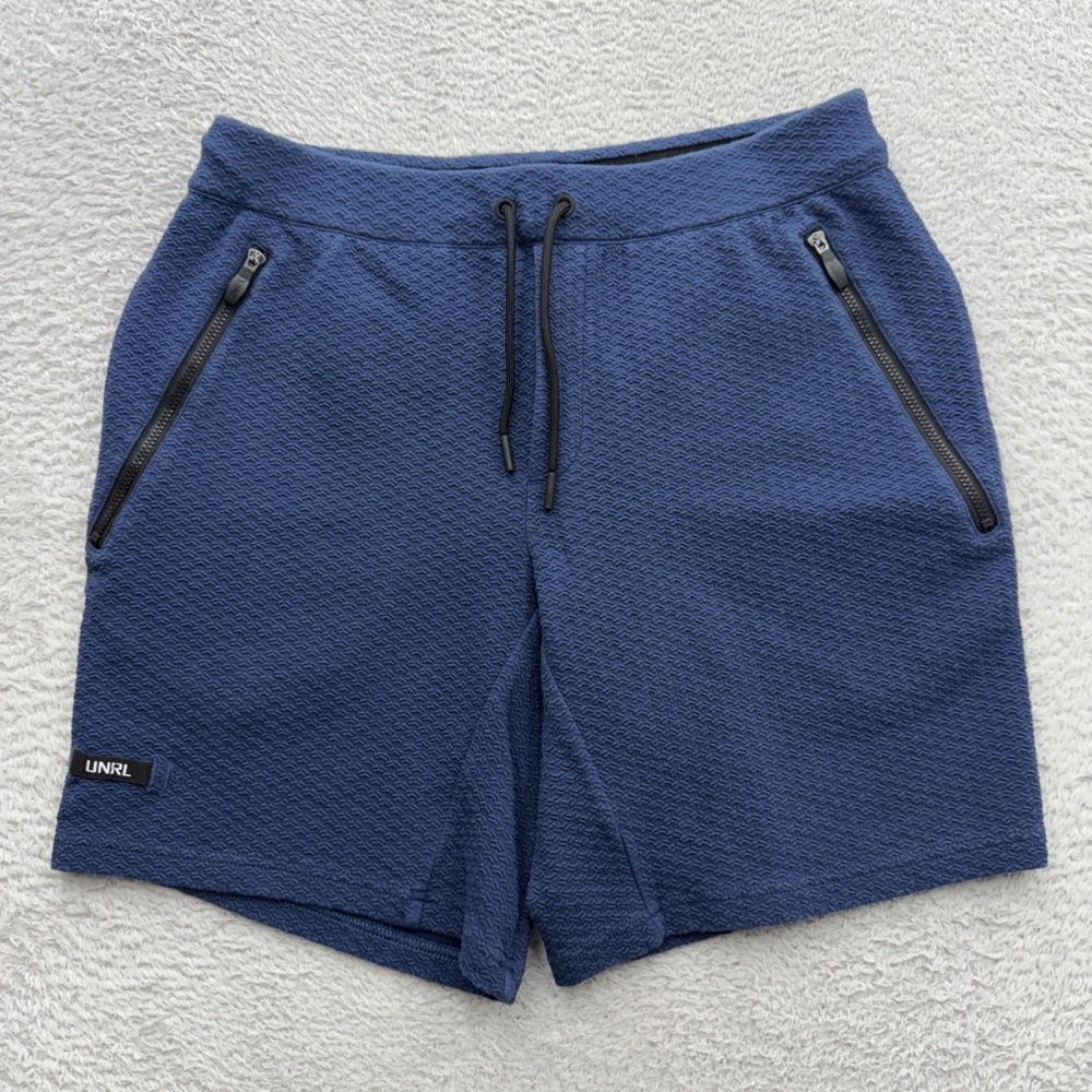 UNRL Mens Medium Blue Textured Knit Athletic Lounge Shorts Zipper Pockets